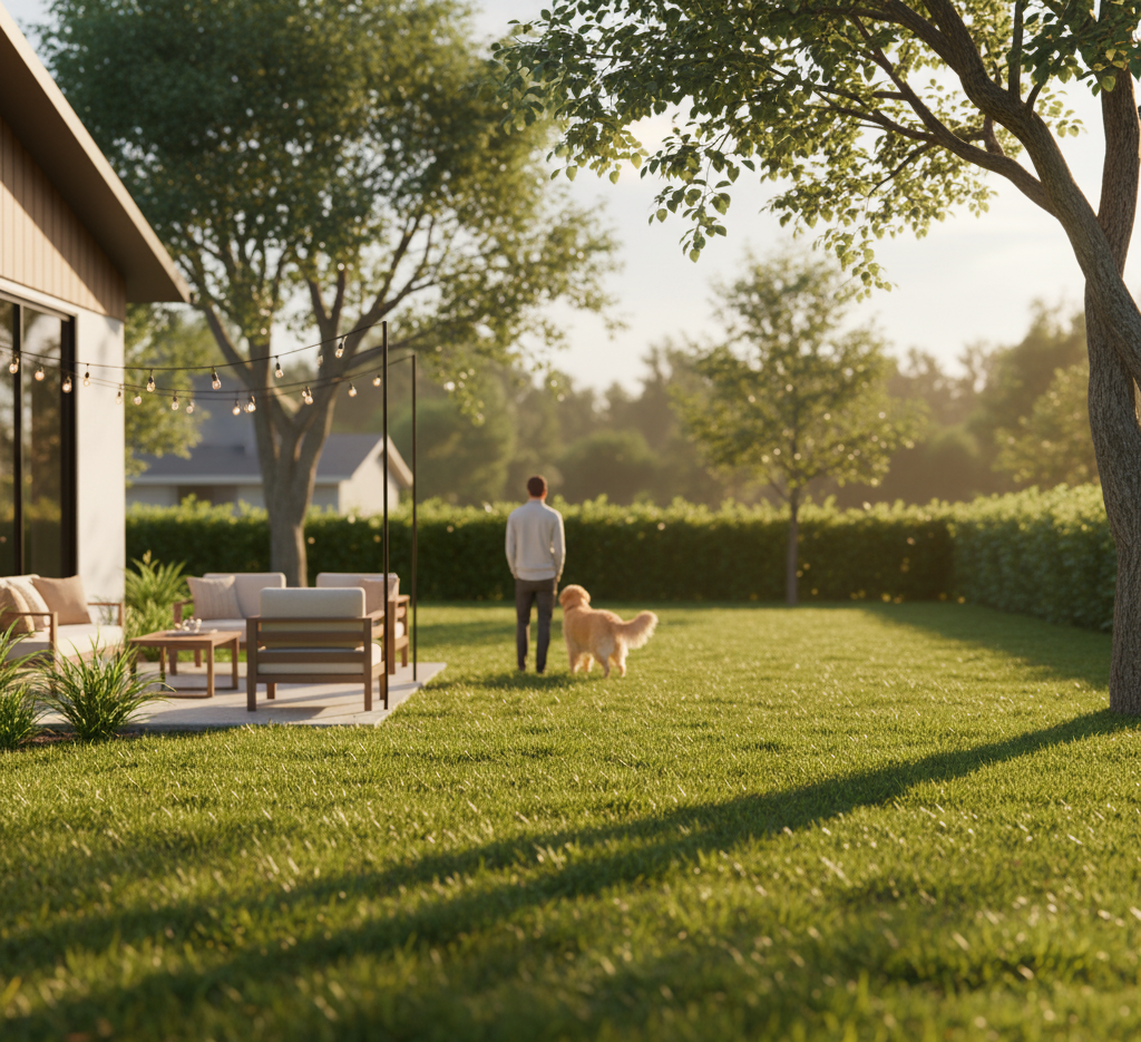 Hyper-realistic photo of a modern suburban home with a lush green yard bathed in golden late-afternoon sunlight. Freshly cut grass, mature trees, and a cozy outdoor seating area or patio visible. Natural, warm tones (sage green, beige, white, soft wood). Subtle depth of field drawing focus to the yard as the main feature. Optional figure of a person or couple admiring the backyard, slightly out of focus for lifestyle realism. Editorial real estate aesthetic, cinematic daylight, 8K clarity, professional homeownership vibe, no text overlay.