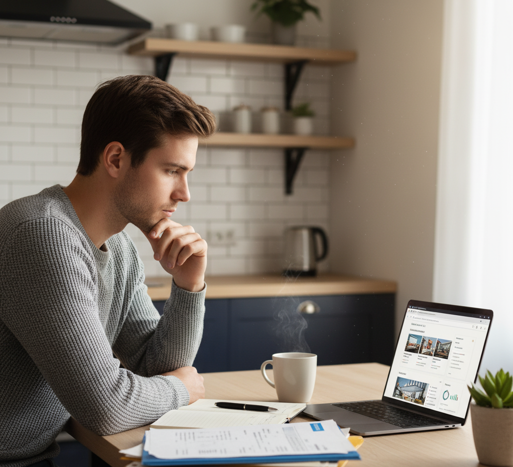 Hyper-realistic image of a thoughtful young couple sitting together at a modern kitchen table reviewing home-buying paperwork or a laptop with listings, soft natural daylight illuminating the scene. Warm, neutral color palette (beige, white, light wood, soft gray, navy accents). Include subtle lifestyle elements — coffee mugs, notepad, pen, small potted plant — to create a sense of preparation and decision-making. Background hints of a cozy home interior or large window. Editorial cinematic lighting, shallow depth of field, authentic emotion, 8K clarity, no visible branding or text.