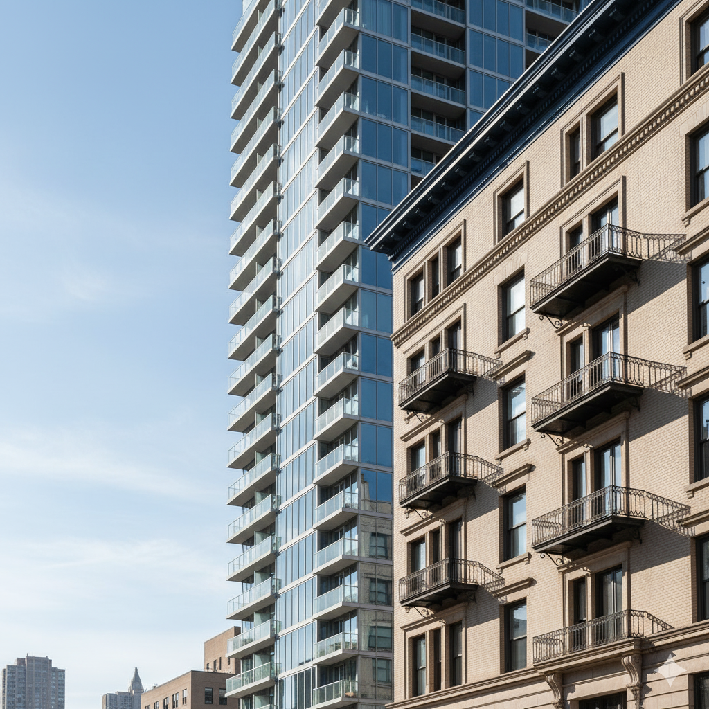 Hyper-realistic image of two elegant urban residential buildings side by side — one sleek modern condo with glass balconies, the other a classic brick co-op building with ornate details. Soft natural daylight, blue sky with light clouds, shot from a low angle to emphasize architecture. Clean professional color palette (stone gray, beige, white, navy). Focus on architectural contrast to subtly illustrate “condo vs co-op.” Editorial real estate aesthetic, cinematic lighting, 8K detail, no people, no text, WordPress blog header style.