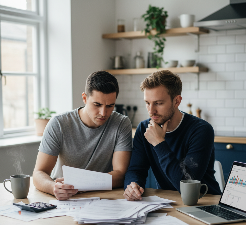 Hyper-realistic photo of a young couple reviewing home-buying documents at a modern kitchen table, looking thoughtful or uncertain, surrounded by papers, a laptop, and coffee mugs. Soft natural daylight through a window, clean neutral palette (white, beige, light gray, soft navy accents). Focus on realism, subtle emotion, and authenticity — showing the moment before making a big financial decision. Background hints of a cozy, stylish home interior. No visible branding or text. Cinematic lighting, shallow depth of field, editorial real-estate lifestyle aesthetic, 8K clarity.