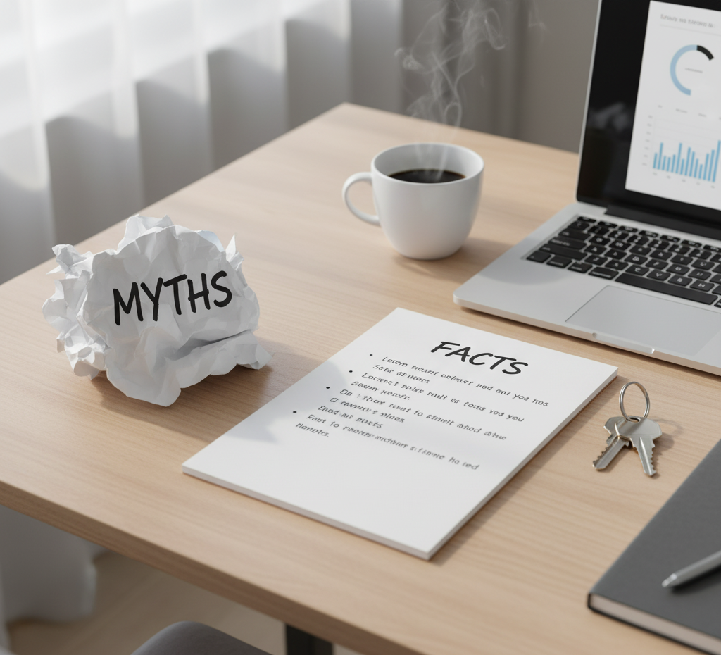 Flat-lay of crumpled papers labeled “Myths” beside a clean notepad titled “Facts,” surrounded by keys, coffee mug, and laptop. Natural daylight, minimalist workspace, neutral warm tones, editorial composition, hyper-realistic.
