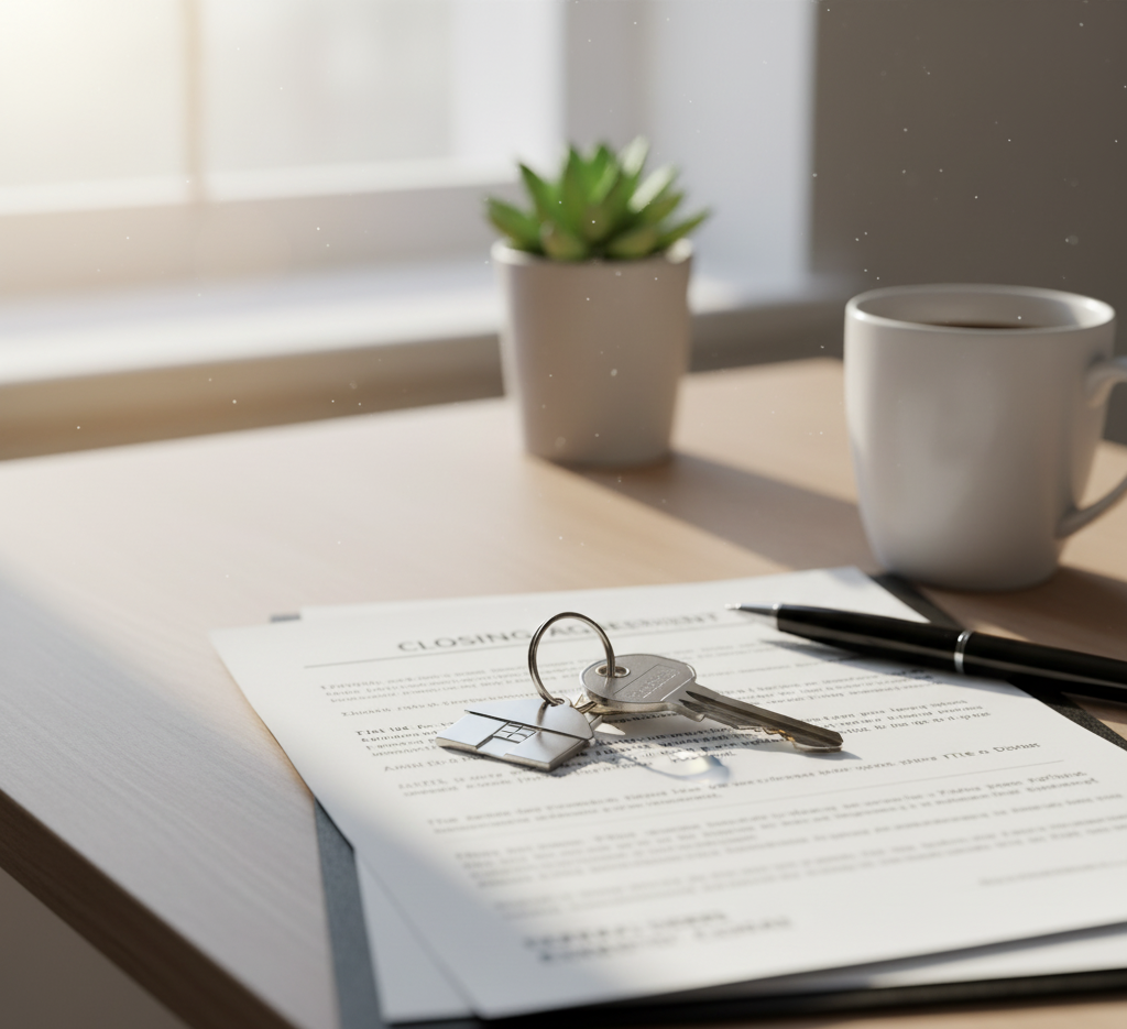 Hyper-realistic photo of house keys resting on closing documents beside a pen and coffee mug, with soft sunlight creating a warm glow. Clean, modern desk, hint of excitement and professionalism, editorial “new homeowner” vibe.