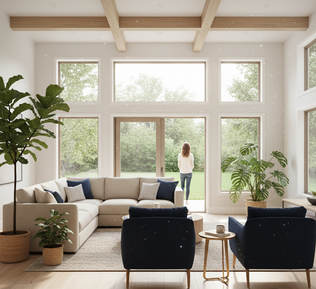 Hyper-realistic photo of a bright, modern living room with sunlight streaming through large windows, showcasing stylish furniture, plants, and inviting architectural details. A couple or individual stands in the background admiring the space, slightly out of focus to emphasize the home itself. Neutral warm color palette (white, beige, natural wood, navy accents), cinematic daylight, and depth of field highlighting key features like open layout, light, and design. Editorial real estate aesthetic, 8K clarity, professional lifestyle tone, no visible branding or text.