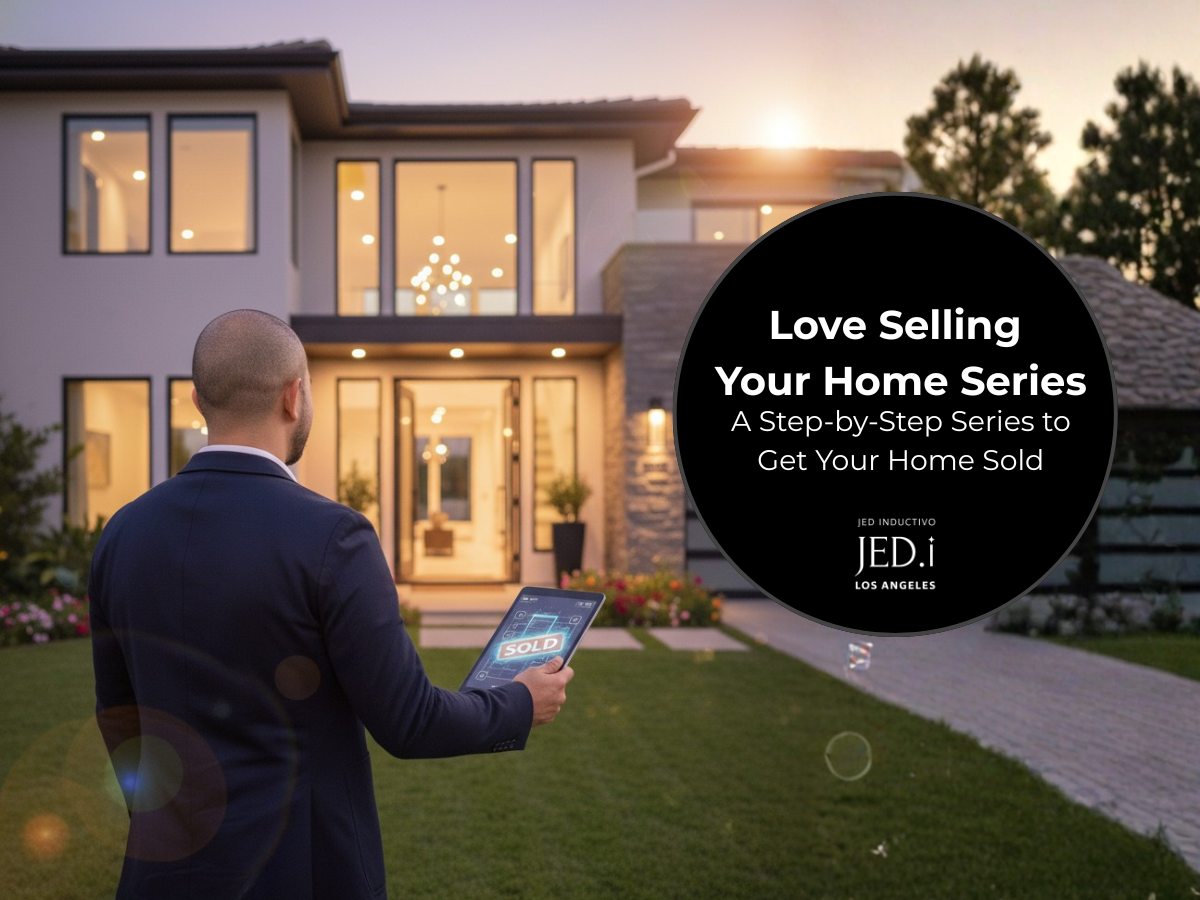 Hyper-realistic cinematic photograph of a stylish real estate agent using the attached image, copy the face 100% standing in front of a beautiful modern LA home at golden hour, warmly greeting potential buyers. The house exterior glows with soft sunset light, perfectly staged with curb appeal — manicured lawn, blooming flowers, open front door invitingly lit. The agent holds a digital tablet showing a “SOLD” plan, smiling confidently. Subtle depth of field focuses on the agent and the home, with lens flare and cinematic color grading. Visual tone: inspiring, professional, emotional — evokes pride, success, and love for the selling process.