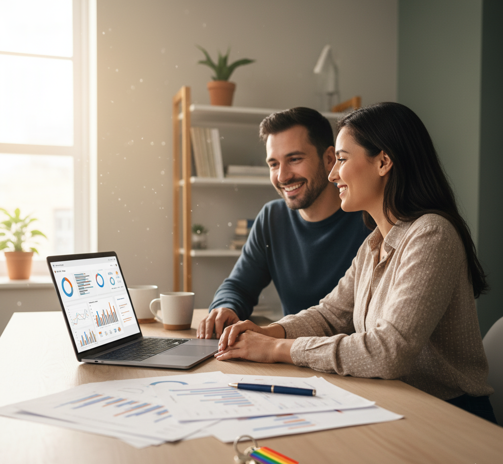 Flat-lay of a credit score report beside house keys with a rainbow keychain, coffee mug, and a notepad titled “Next Steps.” Natural daylight, minimalist workspace, symbolic of progress and persistence.
