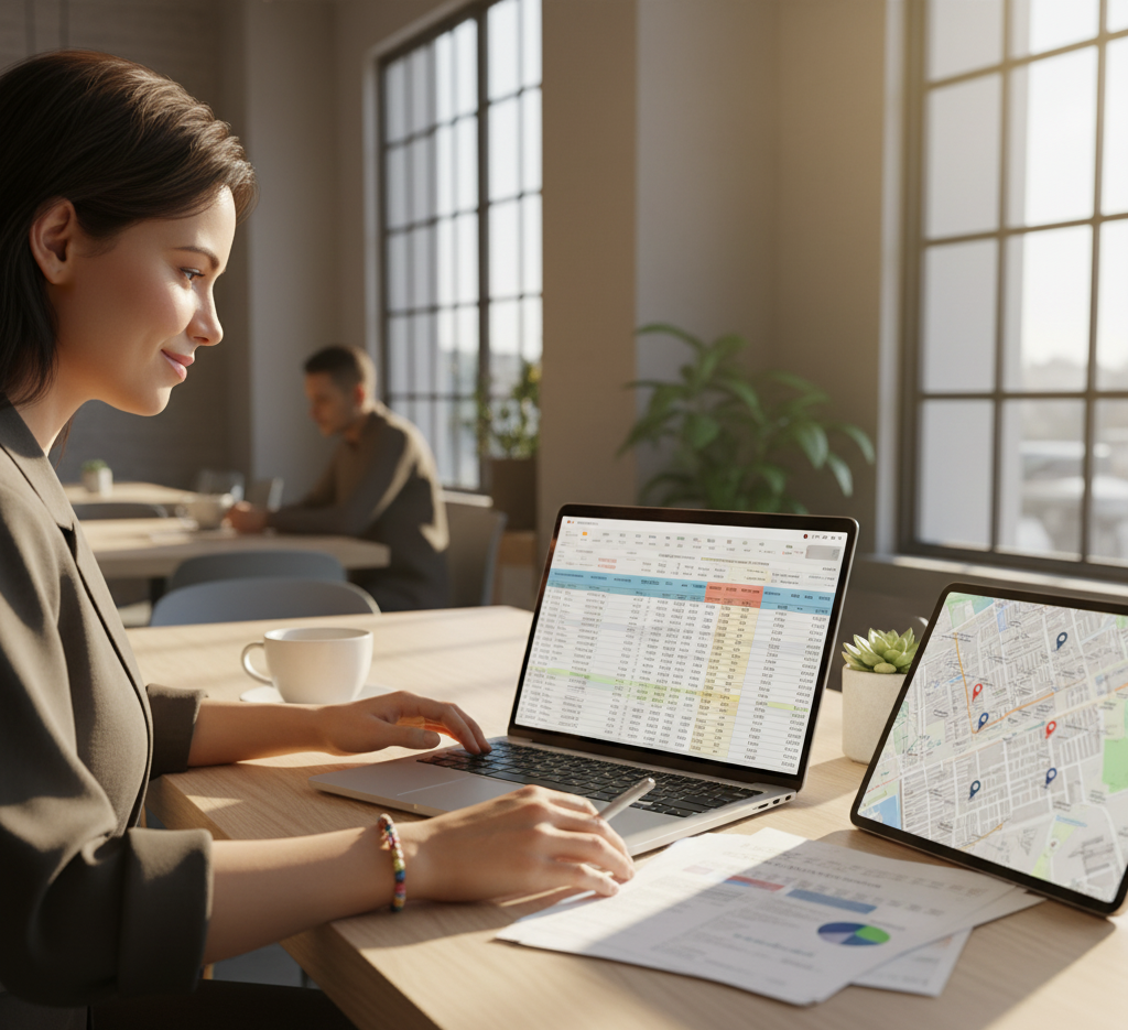 Hyper-realistic image of a confident LGBTQ couple reviewing real estate investment plans in a bright modern living room or café. Laptop open to a spreadsheet or property map, tablet showing potential homes. Sunlight streaming through windows, plants and neutral modern decor (white, beige, light wood, soft navy, sage green). Subtle pride element such as a rainbow bracelet, pin, or mug visible. Warm cinematic lighting, editorial composition, 8K realism, professional and optimistic mood — symbolizing financial growth and independence. No visible text or branding.