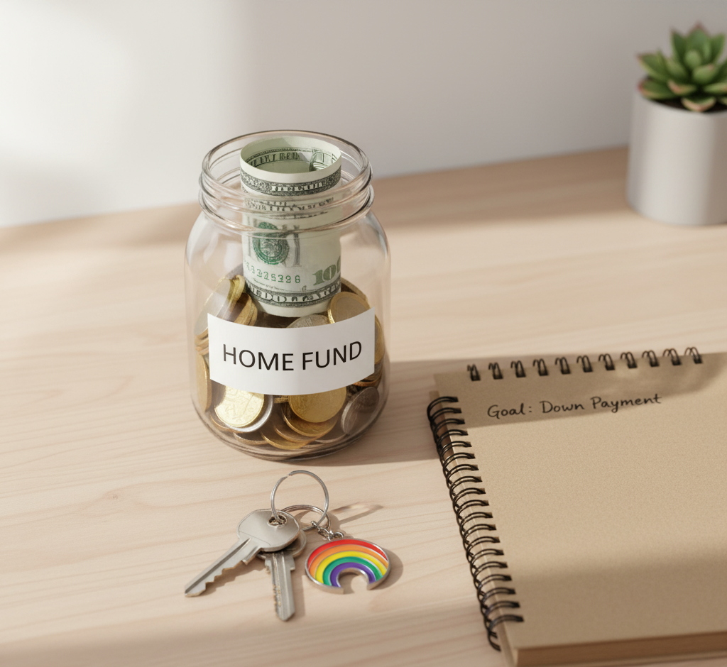 Flat-lay of coins and dollar bills in a clear jar labeled “Home Fund,” next to house keys with a rainbow keychain and a notebook titled “Goal: Down Payment.” Natural daylight, clean workspace, minimalist, motivational aesthetic.