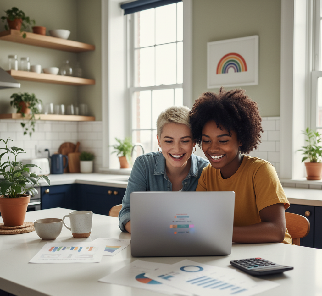Hyper-realistic image of a diverse LGBTQ couple sitting together at a bright kitchen island comparing rental and mortgage costs on a laptop, smiling with realization and excitement. Papers showing rent vs buy charts scattered on the counter, calculator and coffee mugs nearby. Soft natural daylight from large windows, cozy modern apartment with plants and neutral tones (white, beige, sage, light wood, soft navy). Subtle pride element like a rainbow keychain or art piece in background. Editorial cinematic lighting, shallow depth of field, 8K realism, authentic and empowering mood — no visible text or branding.