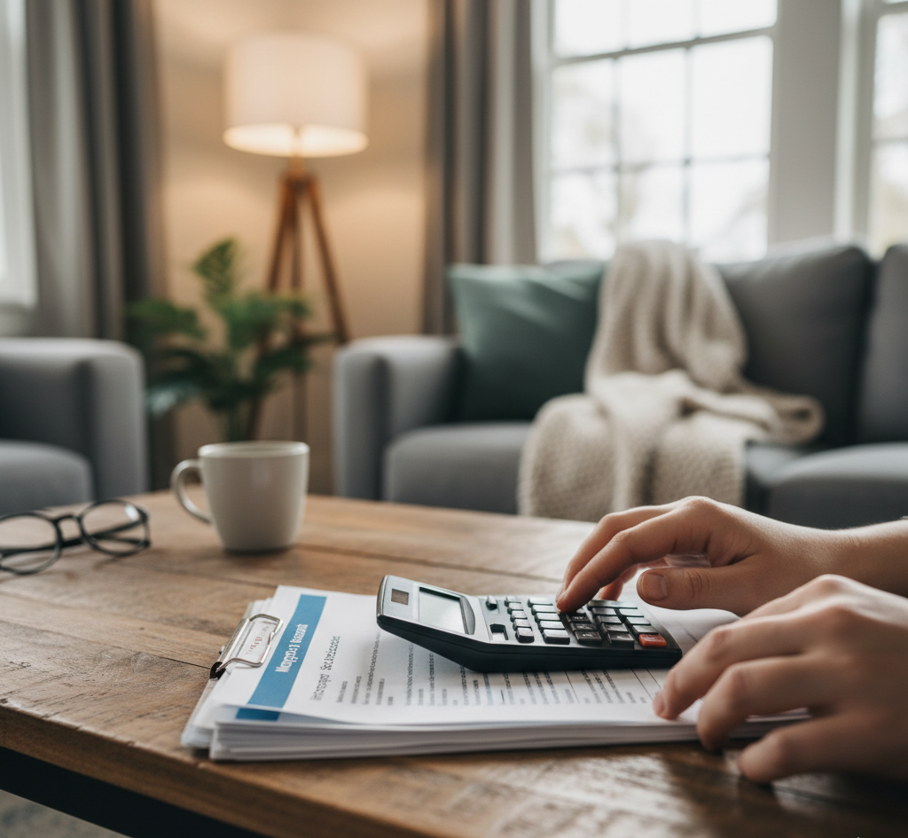 Cozy modern living room background with a person’s hands using a calculator and reviewing mortgage loan documents on a wooden table, shallow depth of field, natural light, soft cinematic tones.