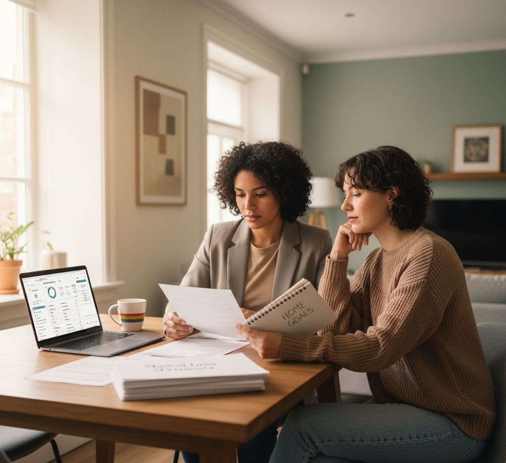Hyper-realistic image of a diverse LGBTQ couple sitting at a modern dining table, reviewing home-buying documents next to a laptop displaying a mortgage calculator or budget planner. One partner wears casual professional attire, the other relaxed weekend clothes — representing balance between responsibility and aspiration. On the table are visible student loan statements and a “Home Goals” notebook. Natural daylight from a window, soft neutral palette (beige, white, sage green, warm gray) with subtle pride elements such as a small rainbow mug or bracelet. Cinematic lighting, shallow depth of field, editorial real estate aesthetic, 8K clarity, authentic emotion, no visible text overlay.